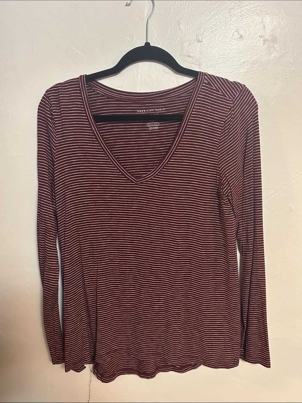 American Eagle Outfitters Maroon and White Striped V-Neck Long Sleeve Top